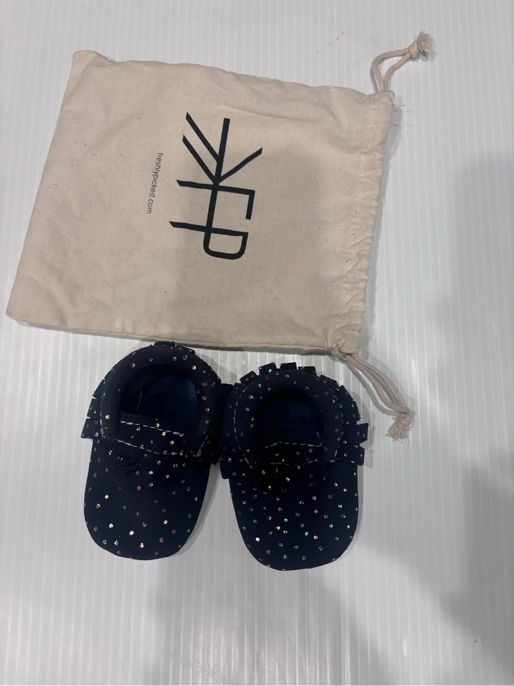 Freshly Picked Navy Moccasin Booties with Iridescent Studs